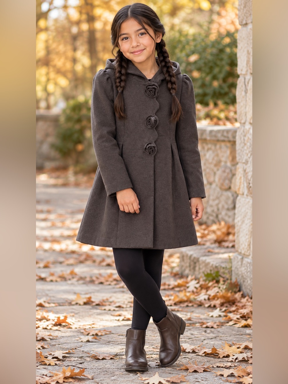 Rothschild Girls Hooded Rosette Dress Coat Charcoal Gray M 10/12